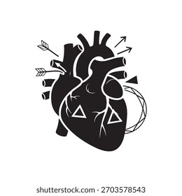 Schwarz-Weiß Anatomischer Herz Vektor mit Pfeilen Romantisches Valentinstag Design