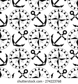 Black and white anchor and compass seamless pattern, vector