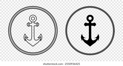 Conjunto de iconos de ancla en blanco y negro. Formas de anclaje monocromáticas de Vector plano en marco de cuerda circular. Símbolos de ancla náutica, diseño de borde de cuerda marina. Ilustración vectorial