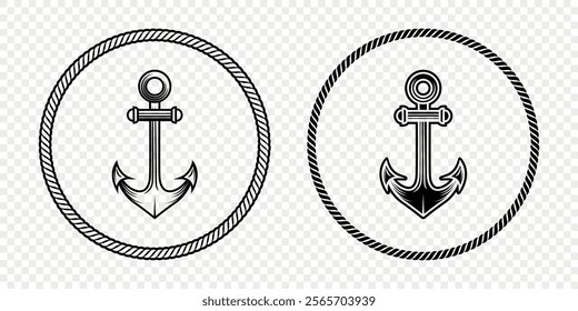 Black and White Anchor Icon Set. Flat Vector Monochrome Anchor Shapes in Circular Rope Frame. Nautical Anchor Symbols, Marine Rope Border Design. Vector Illustration