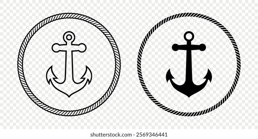 Black and White Anchor Icon Set. Flat Vector Monochrome Anchor Shapes in Circular Rope Frame. Nautical Anchor Symbols, Marine Rope Border Design. Vector Illustration