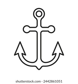 black and white anchor, symbol of tourism and recreation at sea, ocean, water, vector line icon