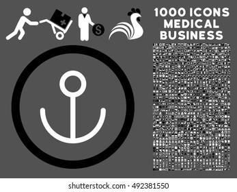Black And White Anchor vector bicolor rounded icon. Image style is a flat icon symbol inside a circle, gray background. Bonus clipart is 1000 medical business pictograms.