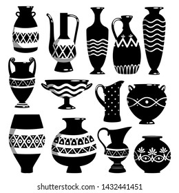 Black and white ancient ceramic bowls and vases vector illustration