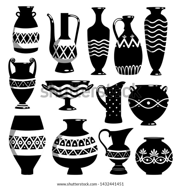 Black White Ancient Ceramic Bowls Vases Stock Vector Royalty Free