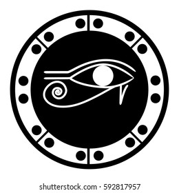 Black and white ancient Egyptian hieroglyph amulet Eye of Horus is depicted in a circle in the old style with ornaments