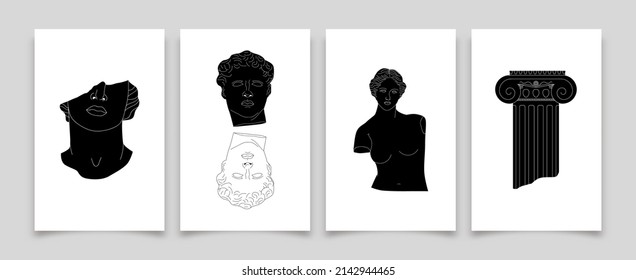 Black and white ancient greek statue, classic vintage monument banner set. Greece culture antique illustration collection. Historical flat cartoon drawing bundle.