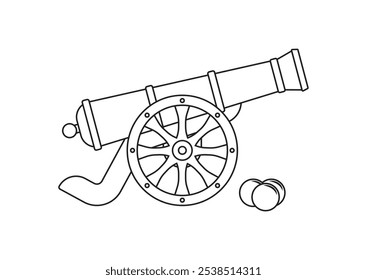 Black and white ancient pirate cannon vector flat design isolated on white background. Coloring page of cannon