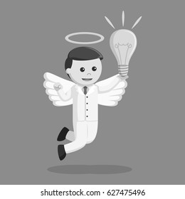 black and white angel businessman with big bulb black and white style