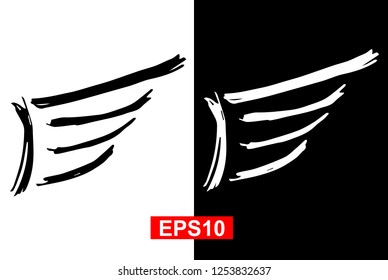 Black and White Angel Feather Wing Bird Hand Drawn / Sketch for Graphic Design, Shirt, Background, Logo, Icon and Template. Vector Illustration EPS10