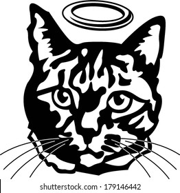 Black And White Angel Tabby Cat Head Wearing Halo Vector