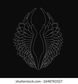 Asas de anjo preto e branco com detalhes intrincados se destacam contra um fundo escuro. O contraste acentuado destaca a forma e textura únicas de cada asa.