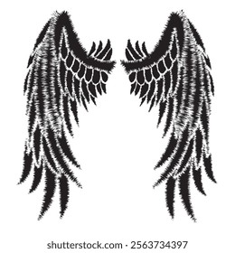 black and white angel wings. Stock vector illustration on isolated white background.