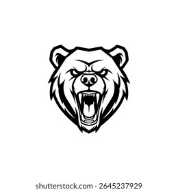 Black and White Angry Bear Head Emblem in Line Art Style - Vector Illustration