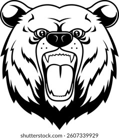 Black And White Angry Bear Mascot Head - Vector Hand Drawn Illustration Isolated On Transparent Background