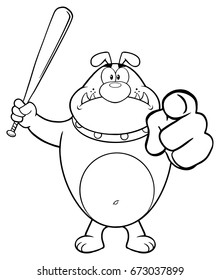 Black And White Angry Bulldog Cartoon Mascot Character Holding A Bat And Pointing. Vector Illustration Isolated On White Background