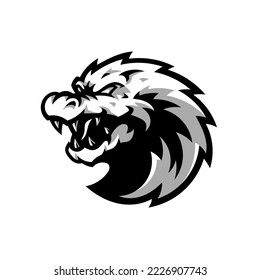 Black and white angry crocodile mascot logo design. Alligator head cartoon illustration