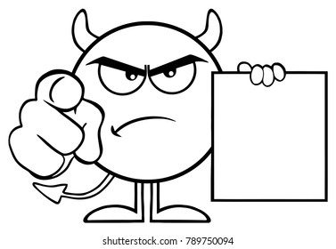 Black And White Angry Devil Cartoon Emoji Character Pointing With Finger And Holding A Blank Sing. Vector Illustration Isolated On White Background
