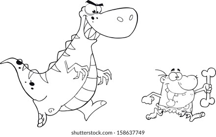 Black and White Angry Dinosaur Chasing A Caveman. Vector Illustration Isolated on white