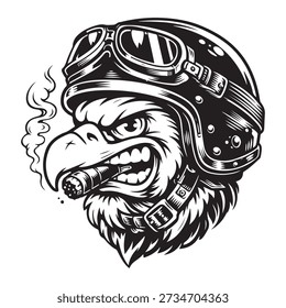Blanco y negro de un águila enojada que lleva un casco de la motocicleta y las gafas que fuman una cabeza del pájaro del cigarro