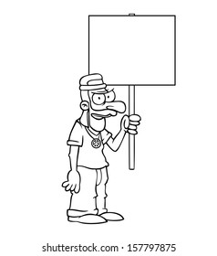 Black and white angry hippie holding an empty protest sign.