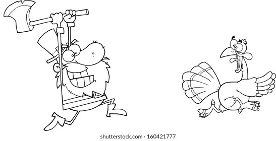 Black and White Angry Pilgrim Chasing With Axe A Turkey