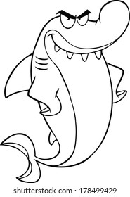 Black And White Angry Shark Cartoon Character. Vector Illustration Isolated on white