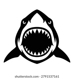 Black and white angry shark head with sharp teeth marine predator icon