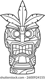 Black And White Angry Tiki Mask with Tribal Carvings and Tropical Leaves. Hawaiian Polynesian Totem Art. Vector Hand Drawn Illustration Isolated On Transparent Background
