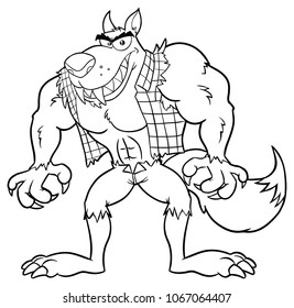Black And White Angry Werewolf Cartoon Mascot Character. Vector Illustration Isolated On White  Background