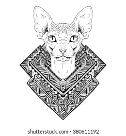 Black and white animal Cat head, abstract art, tattoo, doodle sketch. Sphynx cat. Outlines of pet. Design for t-shirt, bag, jacket, package, phone case and so on. Vector illustration.