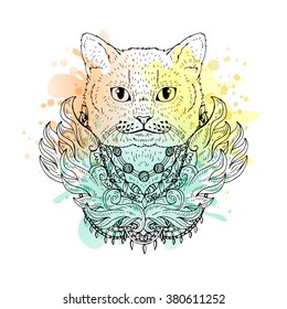 Black and white animal Cat head, watercolor abstract art, tattoo, doodle sketch. British cat. Outlines of pet. Design for t-shirt, bag, jacket, package, phone case and so on. Vector illustration.
