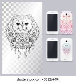 Black and white animal Cat head, boho style, abstract art, tattoo, doodle sketch. Persian cat. Outlines of pet. Vector illustration for phone case.