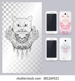 Black and white animal Cat head, boho style, abstract art, tattoo, doodle sketch. British cat. Outlines of pet. Vector illustration for phone case.