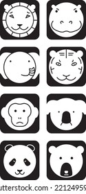Black and white animal collection includes lion, hippo, elephant, tiger, monkey, koala, panda, bear.
