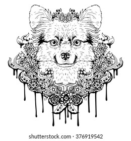 Black and white animal Dog head, abstract art, tattoo, doodle sketch. Dog breed Papillon. Outlines of pet. Design for t-shirt, bag, jacket, package, phone case and so on. Vector illustration.