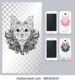 Black and white animal dog head, boho style, abstract art, tattoo, doodle sketch. Yorkshire terrrier dog breed. Outlines of pet. Vector illustration for phone case.