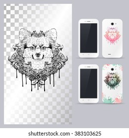 Black and white animal dog head, boho style, abstract art, tattoo, doodle sketch. Papillon dog breed. Outlines of pet. Vector illustration for phone case.