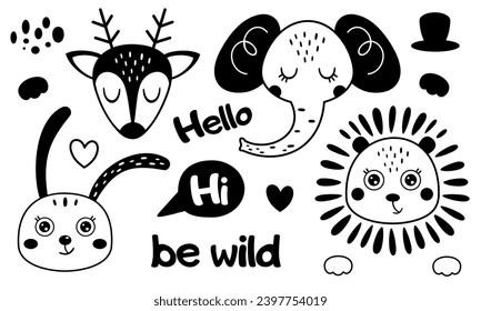 Black and white animal heads clipart in cartoon flat style. Cute animal faces clipart. Animals doodle. Vector illustration