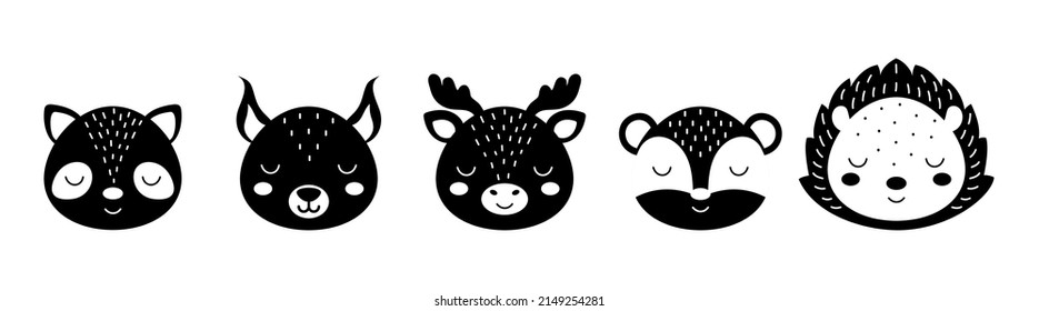 Black and white animal heads set of raccoon, squirrel, moose, badger, hedgehog. Animal faces in scandinavian style. Desing for kids t-shirts, wear, nursery decoration, greeting cards, other.