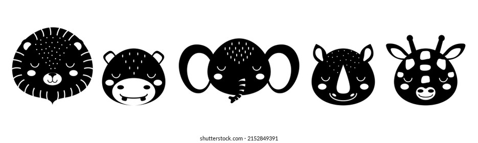 Black and white animal heads set of lion, elephant, hippo, rhino, giraffe. Animal faces in scandinavian style. Desing for kids t-shirts, wear, nursery decoration, greeting cards, other.