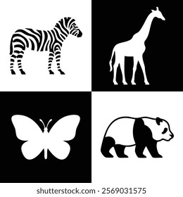 Black and White Animal Illustrations for Baby Development - Vector Illustration