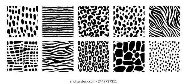 Patrones de animales en blanco y negro. Impresión sin fisuras de texturas de piel de naturaleza salvaje, cocodrilo decorativo abstracto, leopardo, cebra, tigre, jirafa. Juego de Vectores. Diseño exótico africano para textiles