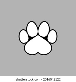 Black and white animal paw print with heart symbol. Vector illustration.  