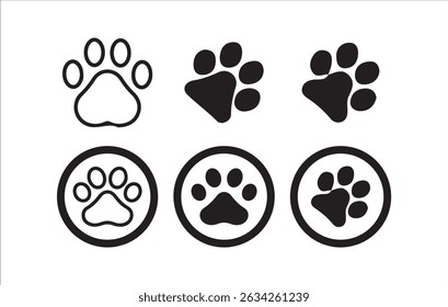 Black and White Animal Paw Prints Collection. Outlined, Solid, and Framed Styles. vector illustration