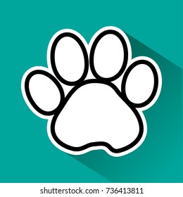 Black and white animal paw track with shadow on green background. Vector illustration