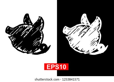Black and White Animal Pig Zodiac Year Pork Hand Drawn / Sketch for Graphic Design, Shirt, Background, Logo, Icon and Template. Vector Illustration EPS10