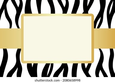 Black and White Animal Print, Tiger texture design illustration with golden blank frame and gold ribbon on a white background. Postcard size.