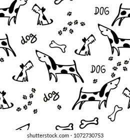 Black and white animals backgroung. Seamless texture with pets. Funny Dogs. Dog Vector Seamless Pattern. Hand Drawn Doodles hound.