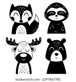 Black and white animals clipart in cartoon flat style. Cute woodland animals clipart. Animals doodle. 